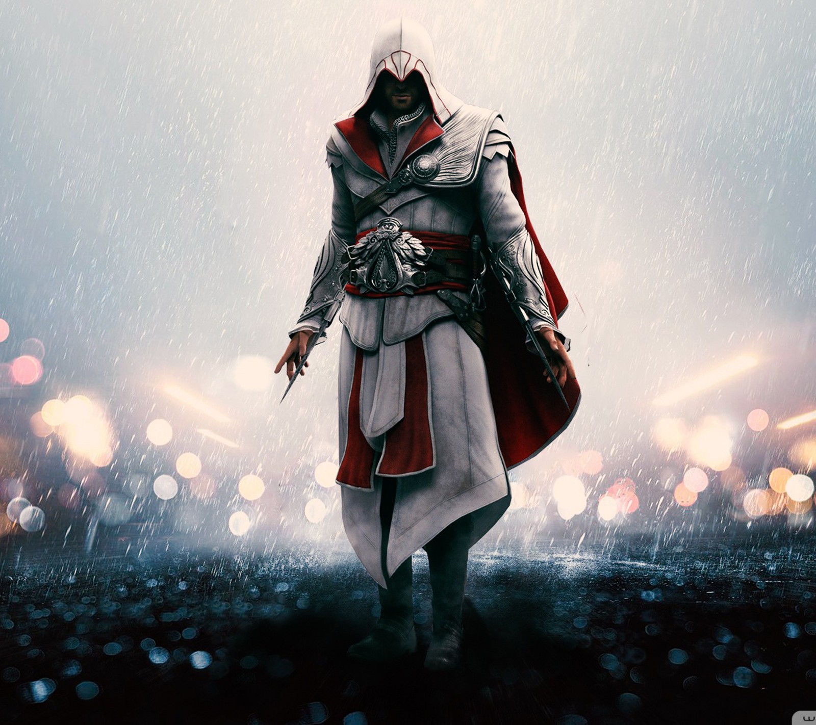 Un assassin se tient sous la pluie avec son épée à la main (assassins creed, champ de bataille, ezio auditore, jeu, tueur)