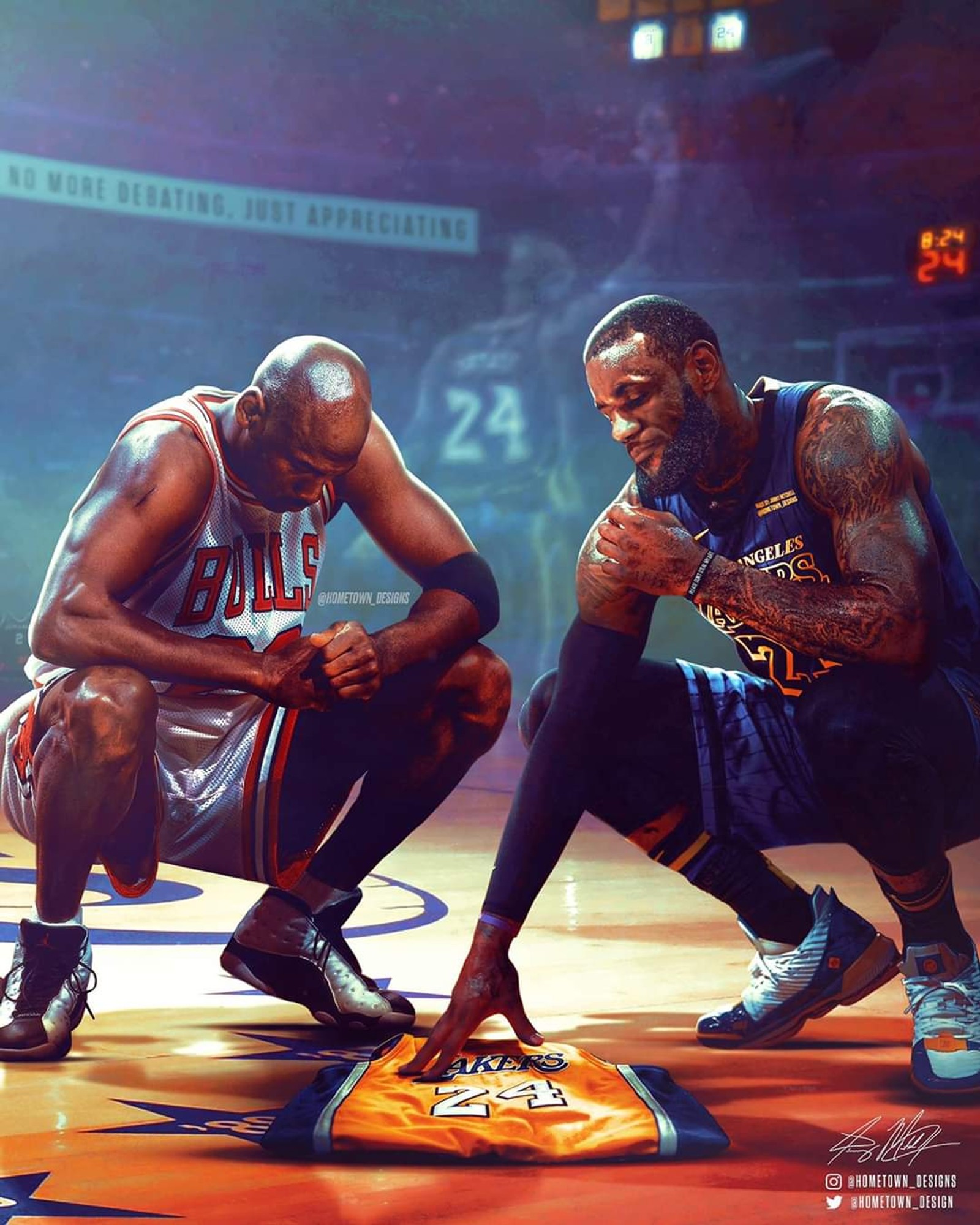 Two basketball players sitting on the court with their shoes on (basketball, cavaliers, jordan, kb24, kobe)