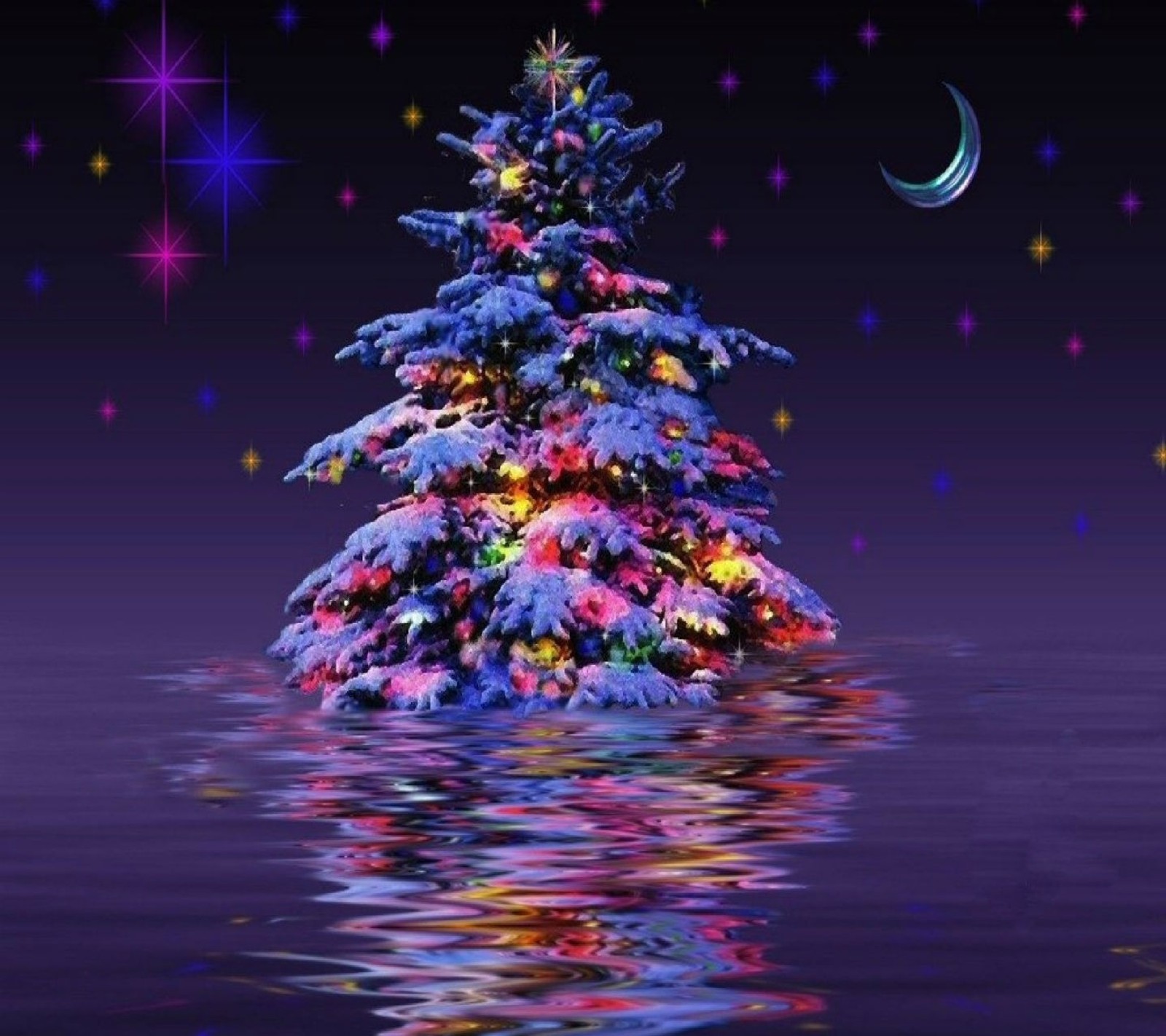 A christmas tree is reflected in the water with a moon and stars (2014, background, christmas, cool, hd)