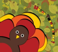 Colorful cartoon turkey with vibrant feathers surrounded by autumn leaves, celebrating Thanksgiving.