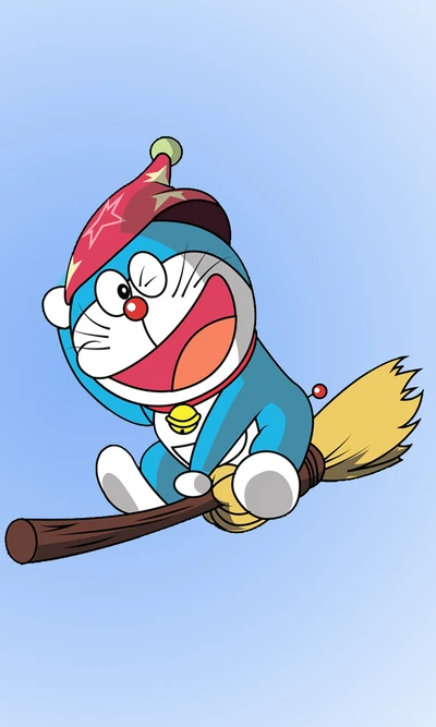 anime, caricatura, doraemon, escoba, gato