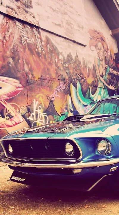 voitures bleues, voiture, ford mustang, graffiti, muscle cars