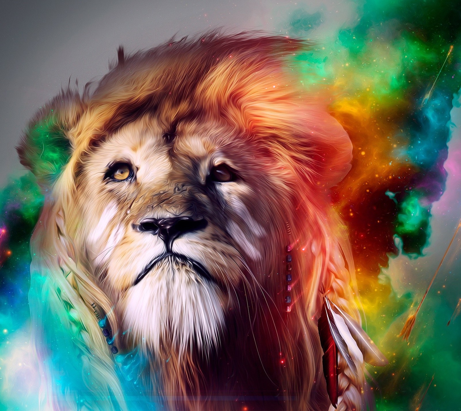 A close up of a lion with a colorful background (lion, paint)