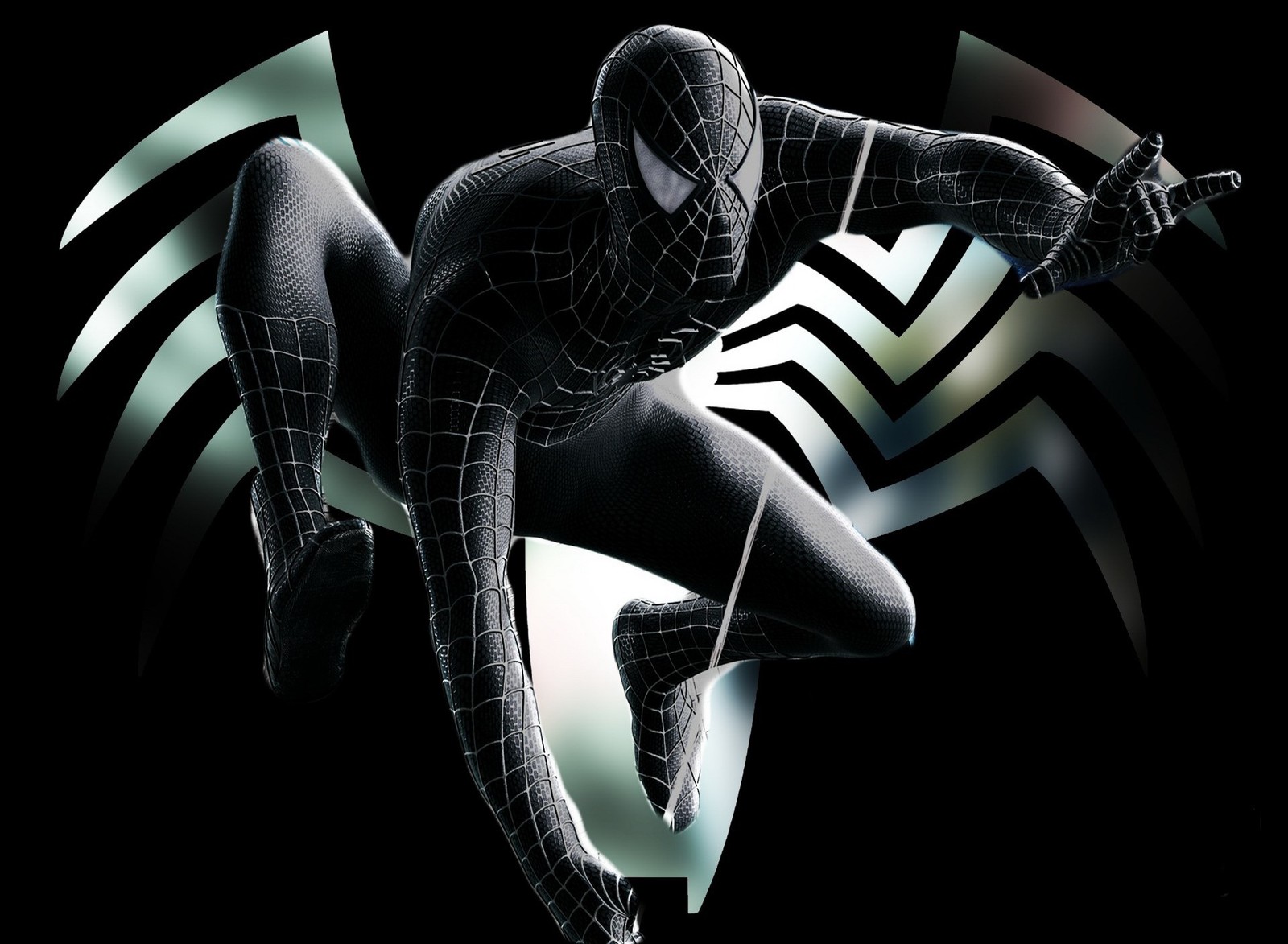 Spider-man dans un costume noir avec un bouclier et le logo de spider-man (personnage dc comics, spiderman)