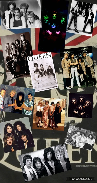 Uma colagem celebrando a icônica banda Queen, apresentando os membros principais Freddie Mercury, Brian May, Roger Taylor e John Deacon, ao lado de performances memoráveis e imagens promocionais clássicas.