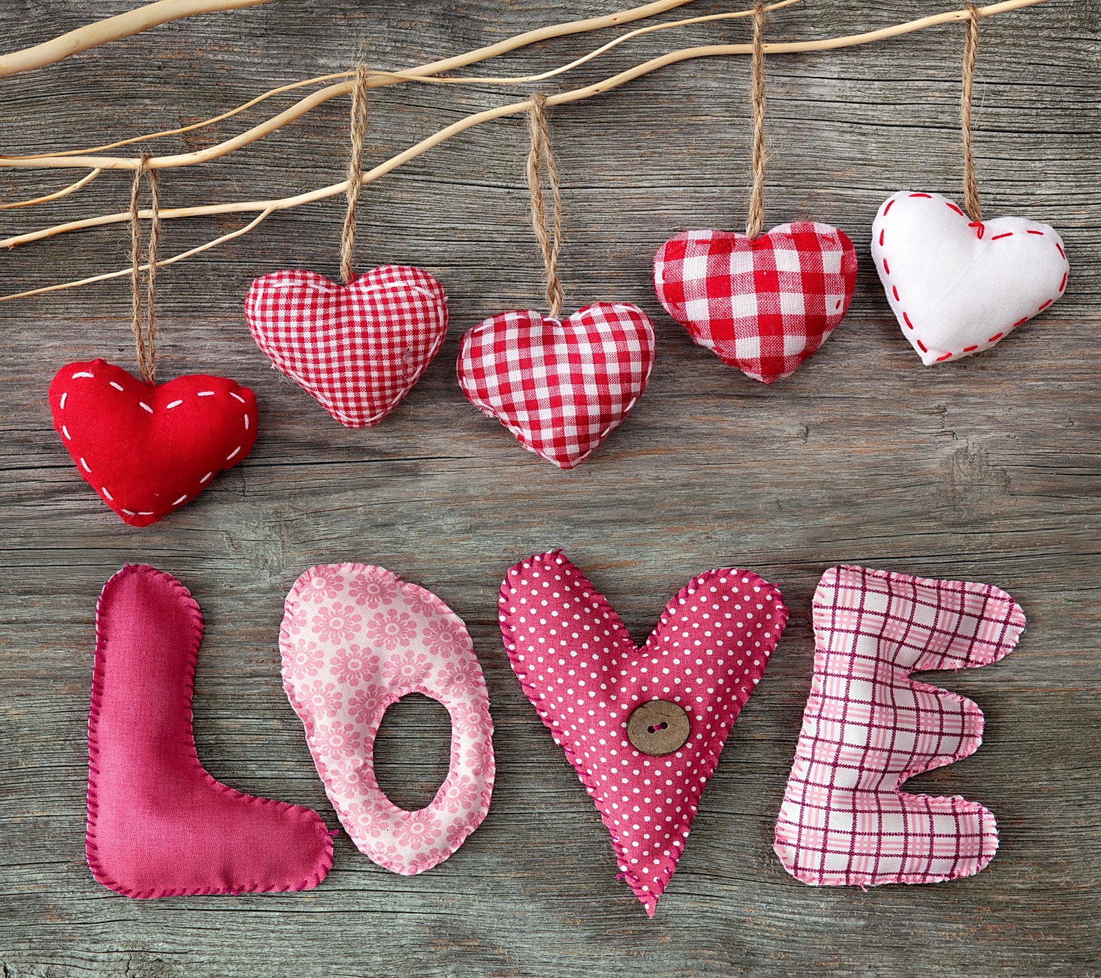 Hearts hanging on a branch with the word love spelled in them (fabric, hearts, love, romantic, valentine)