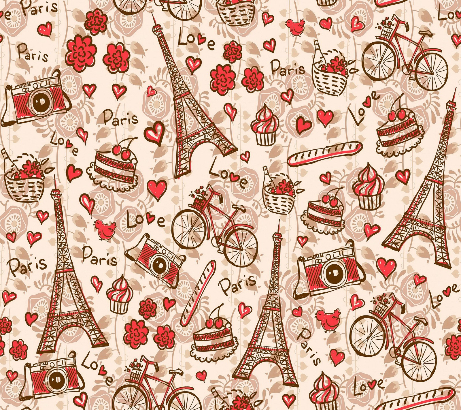 A close up of a pattern of different things on a white background (eiffel, flowers, hearts, paris, pattern)