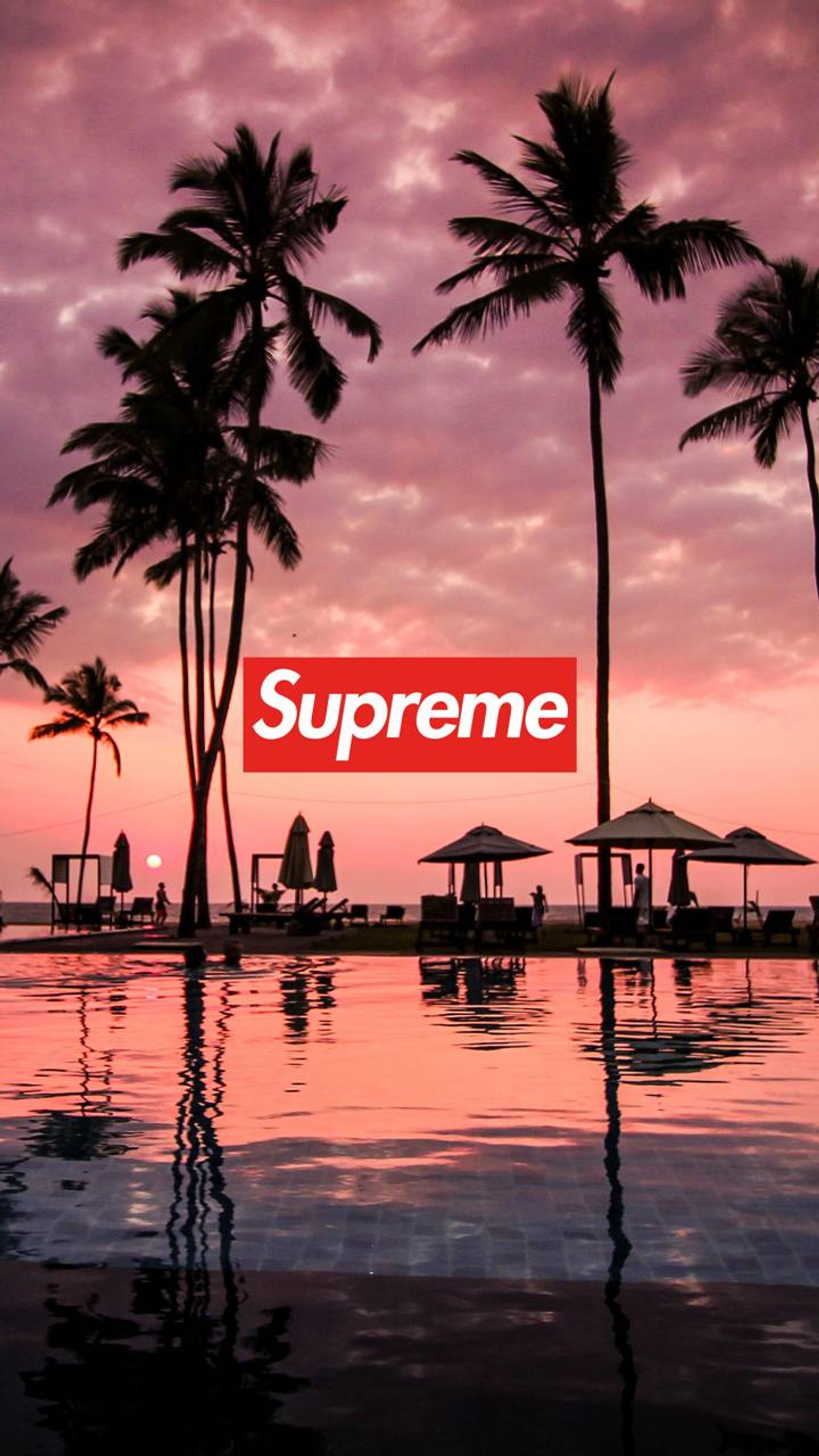 Logo supreme sur une plage au coucher du soleil avec des palmiers (nuages, génial, palmier, coucher de soleil, supreme)