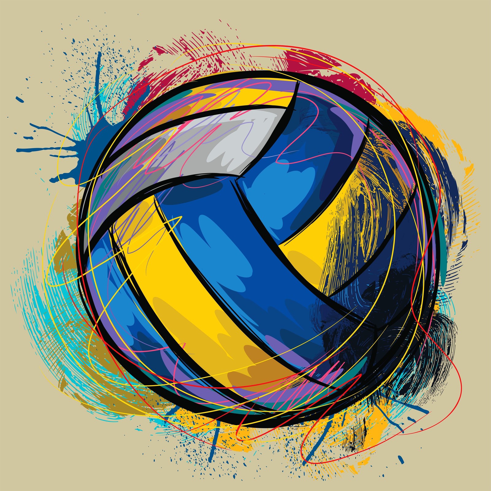 A close up of a volleyball ball with paint splatters on it (love, volleyball)