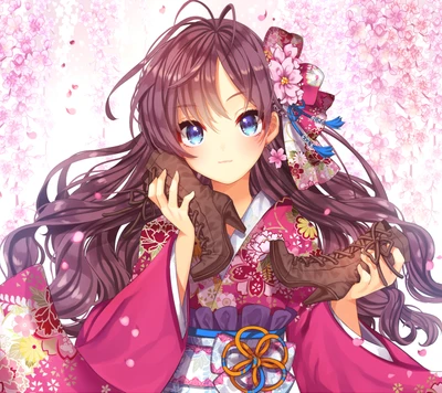 Ichinose Shiki in einem lebhaften Kimono, der ein Paar elegante Schuhe vor dem Hintergrund von Kirschblüten hält.