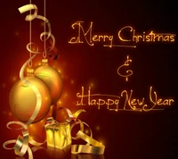 Festive Cheer: Merry Christmas & Happy New Year with Golden Ornaments and Gifts