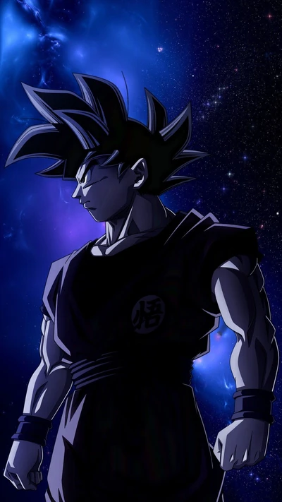 Silhouette épique de Goku contre un fond cosmique