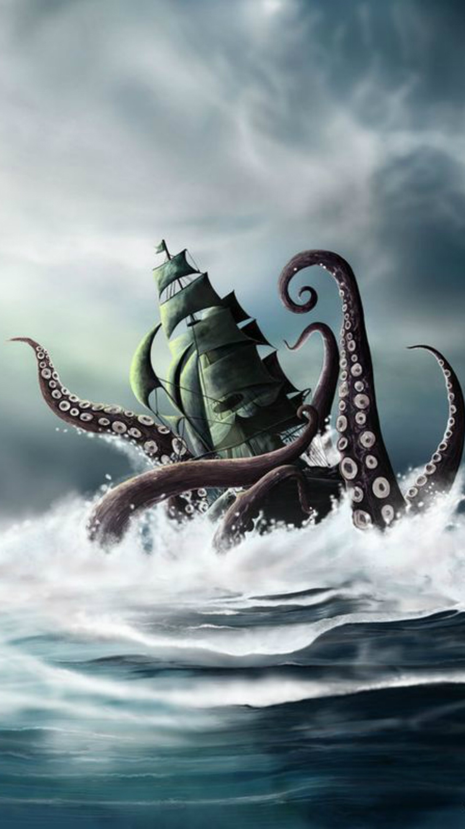 Painting of a ship in the ocean with an octopus attacking it (kraken, octopus, sea)