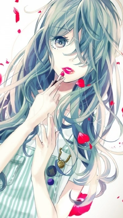 A young woman with flowing, wavy hair, adorned with rose petals, gazes thoughtfully while playfully touching her lips.