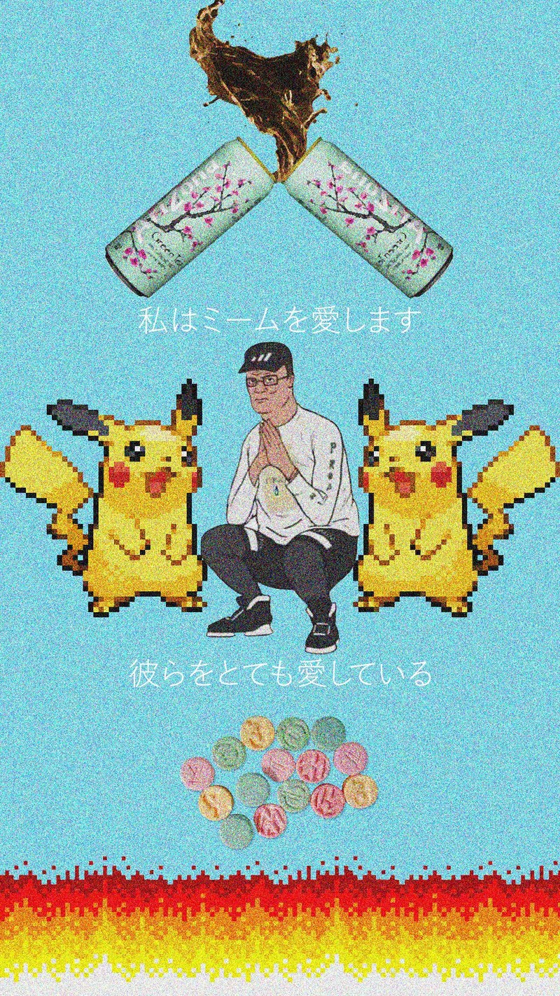 Un gros plan d'une personne à genoux sur le sol avec une affiche pokémon (drôle, vaporwave)