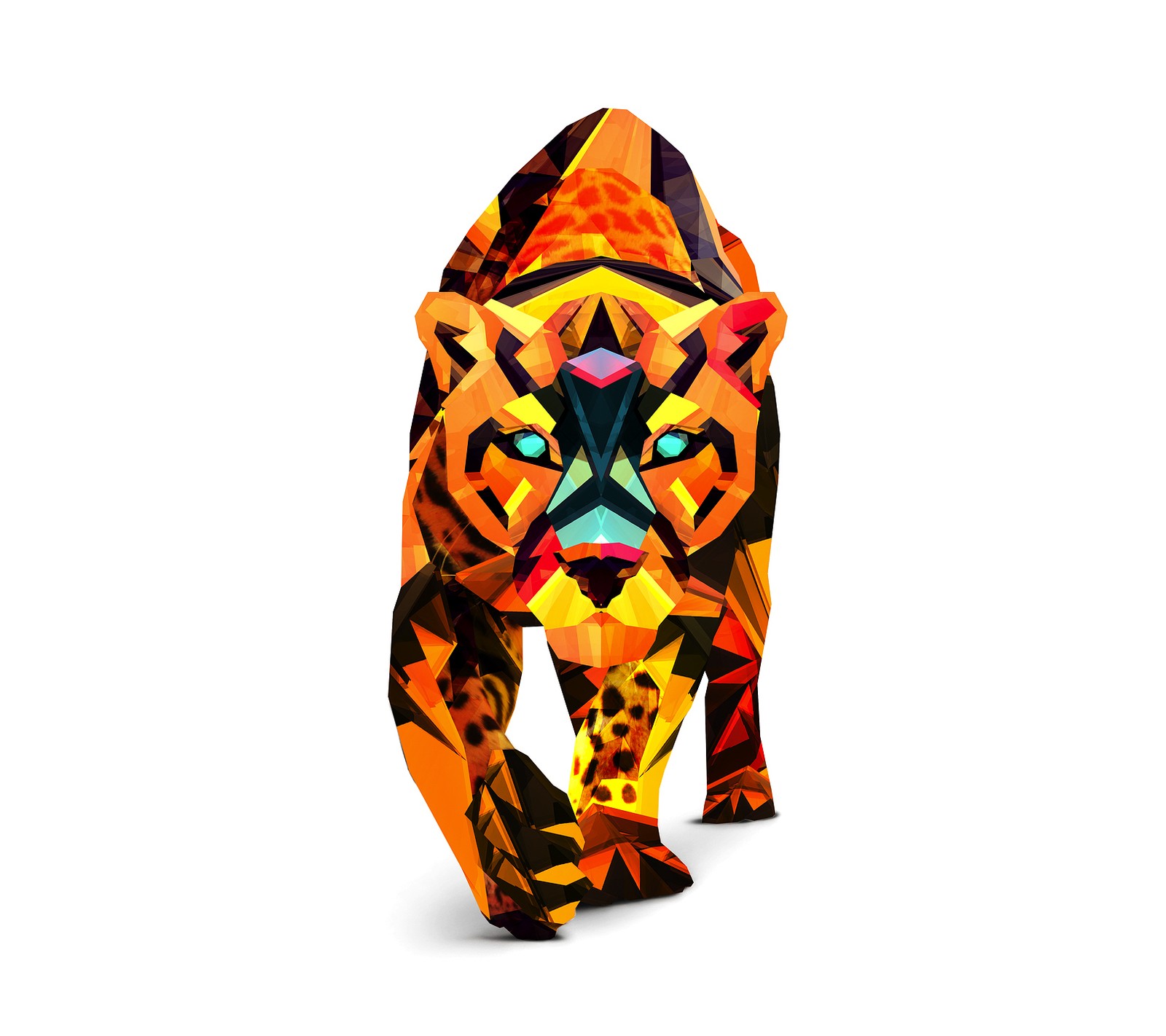 Bunt bemalte papier-skulptur eines tigers auf weißem hintergrund (gepard, justin maller)