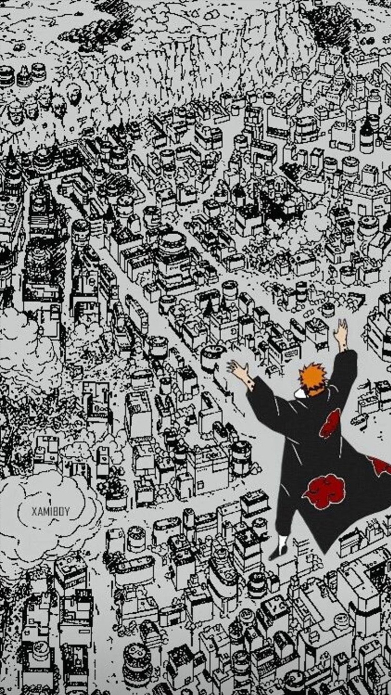 Caricatura de un hombre volando sobre una ciudad con un corazón rojo (konoha, naruto, dolor, shippuden)