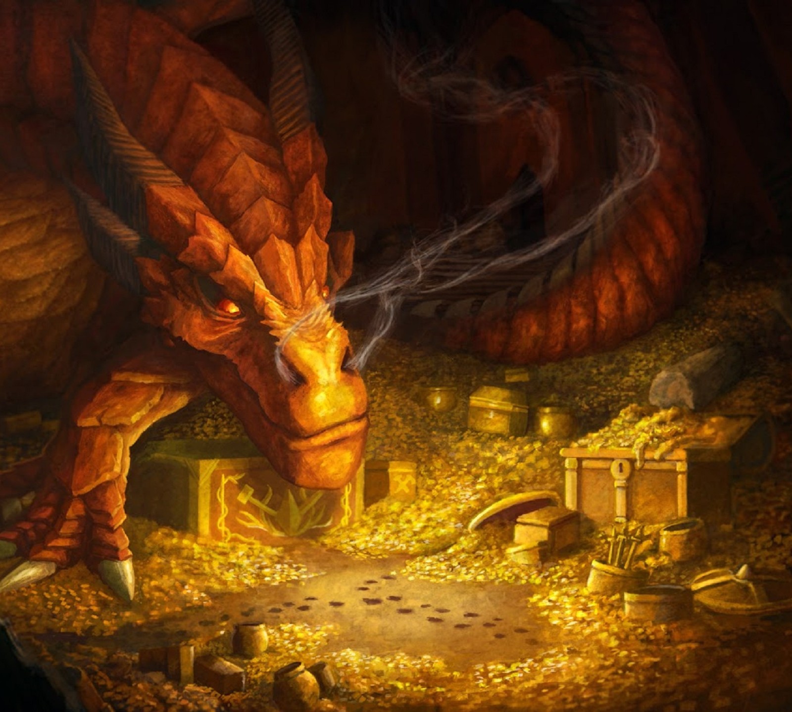 A close up of a dragon with a lot of gold in its mouth (bilbo, dragon, fantasy, hobbit, lotr)