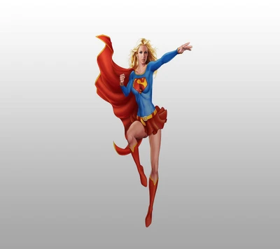 Dynamic superheroine in a blue costume with a red skirt and cape, striking a powerful pose.