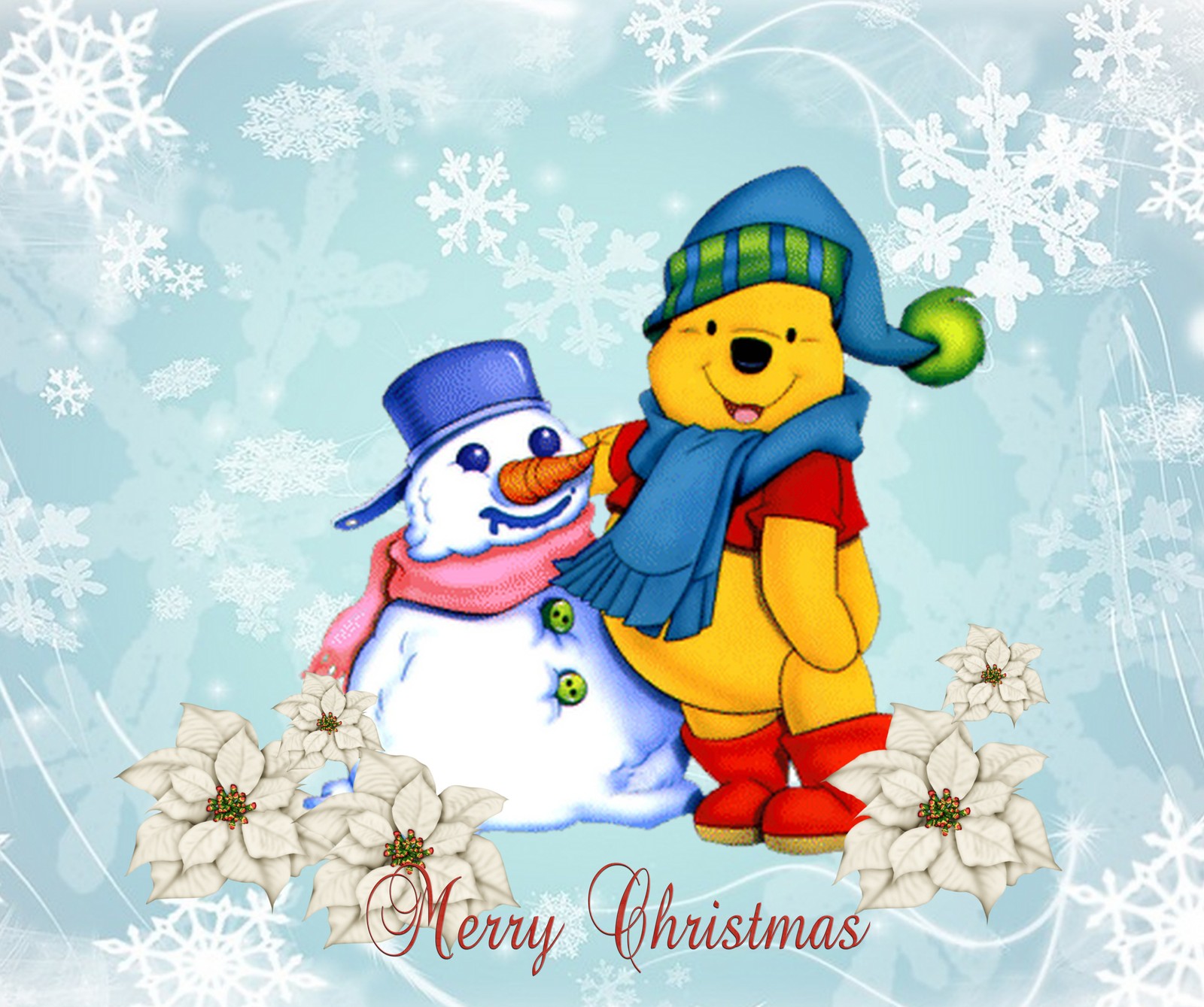 Tarjeta de navidad de winnie the pooh y un muñeco de nieve (disney, feliz navidad, copo de nieve, muñeco de nieve, winnie pooh)