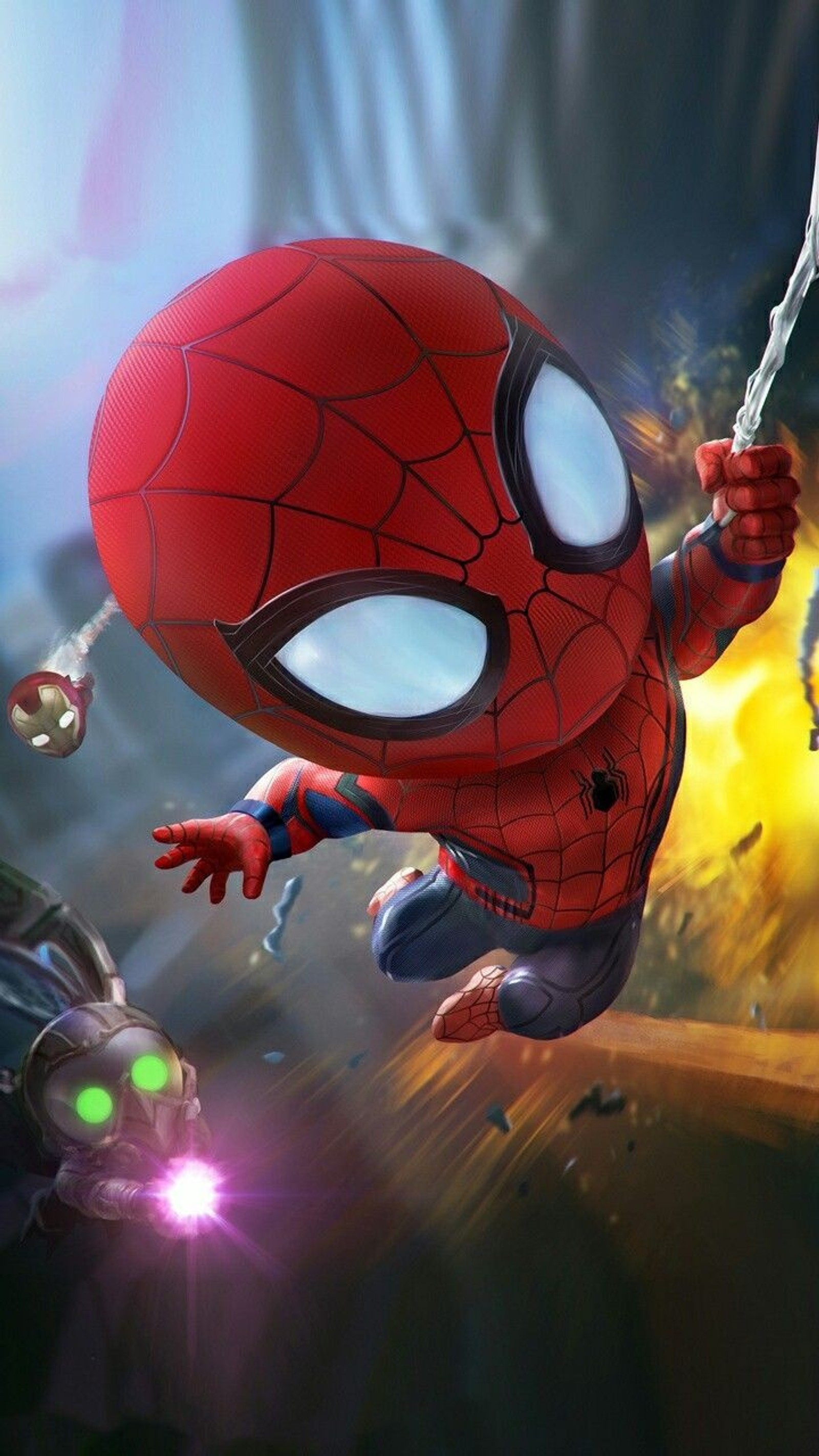 Spider - man flying over a city with a car and a motorcycle (avengers infinity war, homecoming, marvel, new, spider man)