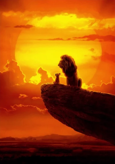 León majestuoso y cachorro al atardecer - Arte inspirado en El Rey León