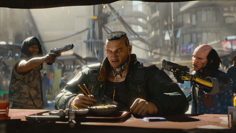 A man in a green jacket eating food with two guns (cyberpunk 2077, video game, cyborg)