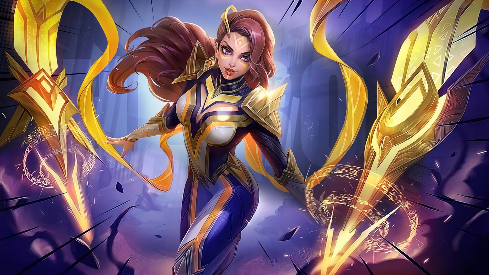 Une femme dans une tenue jaune et noire tenant une épée (émeraude, the foreseer, peau, mlbb, mobile legends)