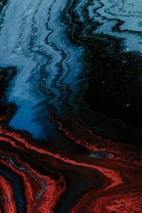 Geología abstracta: Aguas azules y reflejos de lava roja