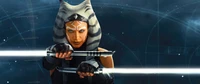 Ahsoka Tano wielding lightsabers in a dynamic pose, set against a starry background.