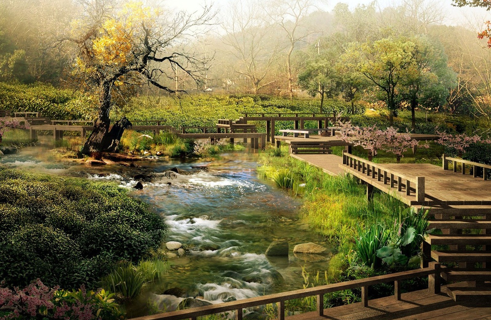 Uma vista de uma ponte de madeira sobre um rio em um parque (paisagem, paisagem natural, natureza, água, vegetação)