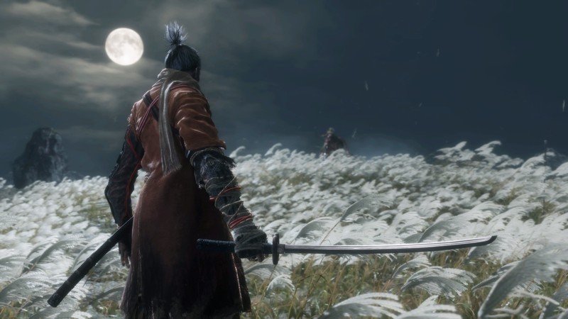 Мужчина в красном пальто держит меч на поле с травой (sekiro shadows die twice, видеоигра)