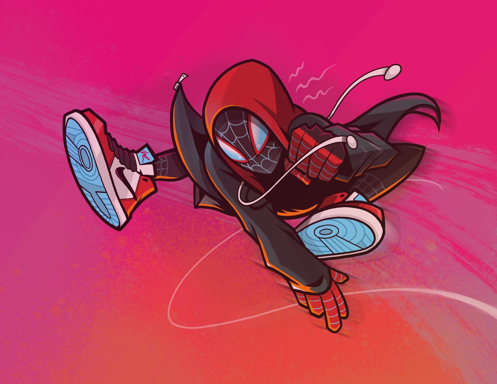 Spider-man en un sweat à capuche rouge et des baskets vole dans les airs. (spider man, miles morales, illustration, dessin, graphiques)