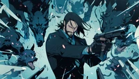 Dynamic anime art featuring a gun-wielding character surrounded by fierce dogs, inspired by action-packed themes.