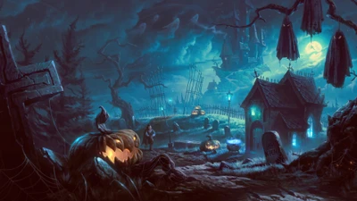 halloween, graveyard, pumpkin, night, holiday