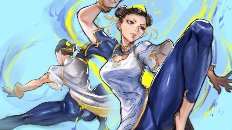 Рисунок женщины в синем наряде и мужчины в белой рубашке (чун ли, chun li, street fighter 6, s56, видеоигра)