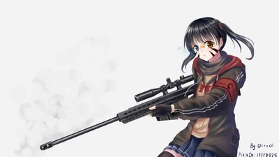 Chica de anime empuñando un rifle de francotirador, lista y lista para la acción.