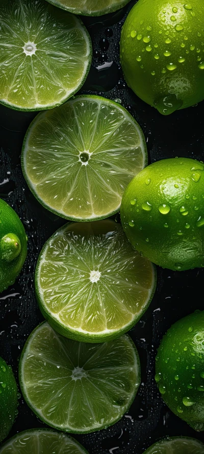 Limones verdes frescos y rodajas de lima jugosas con gotas de agua