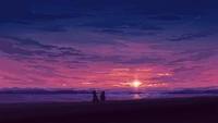 Two Cats Watching a Colorful Sunset on the Beach