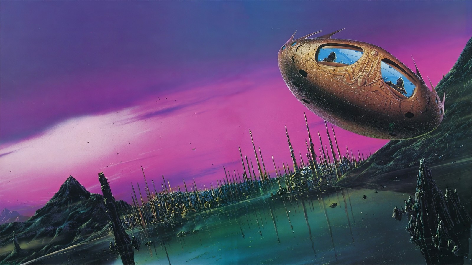 Painting of a futuristic spaceship flying over a lake with a man standing in the water (science fiction, art, extraterrestrial life, artist, digital art)