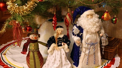 Scène de fête traditionnelle avec Ded Moroz, bonhomme de neige et décorations de Noël sous un arbre