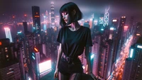 Paysage nocturne cyberpunk : fille urbaine surplombant une ville futuriste