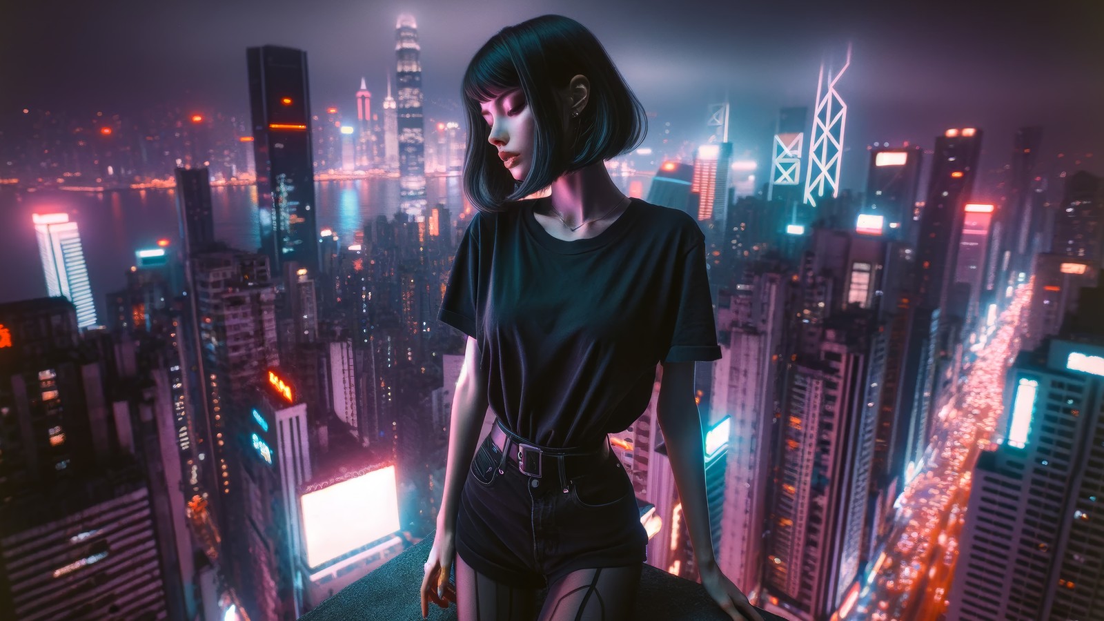 Une femme se tenant au sommet d'un bâtiment dans une ville la nuit (cyberpunk, filles, nuit, ville, bâtiments)