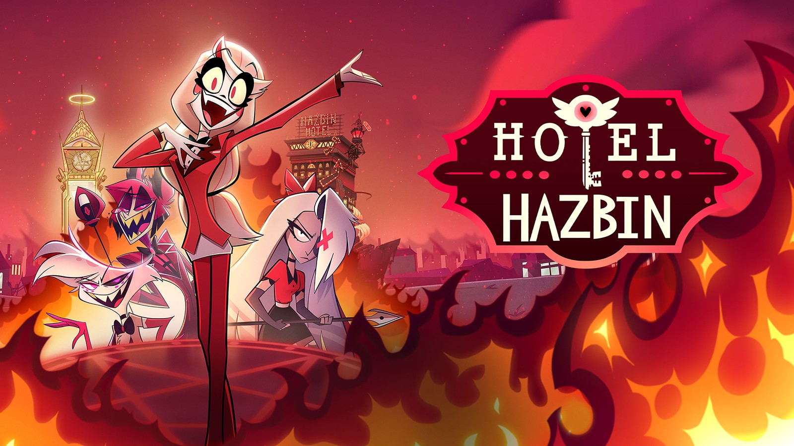 A cartoon picture of a group of people standing in front of a sign (hazbin hotel, official, anime, 4k wallpaper)