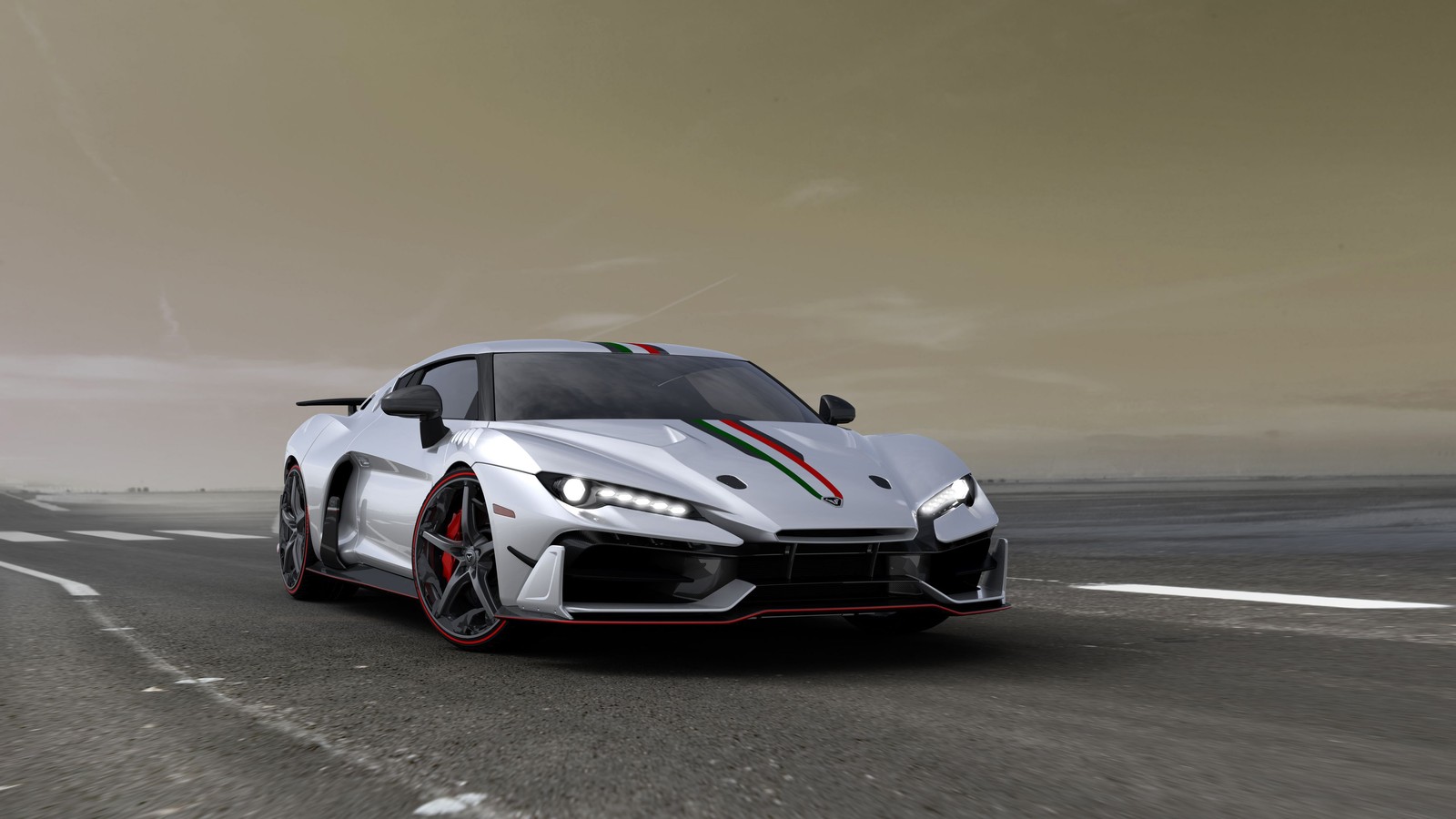 A white sports car driving down a road with a red and green stripe (cars, volkswagen group, audi, geneva motor show, lamborghini)