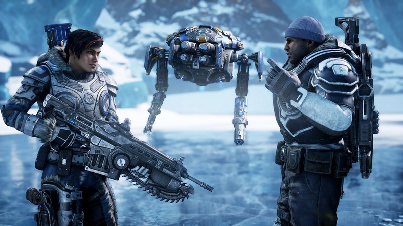 Персонаж gearson и мужчина с оружием перед замороженной горой (gears 5, видеоигра, gears of war 5, кейт диаз, kait diaz)