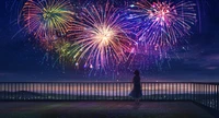 Fille d'anime rêveuse regardant des feux d'artifice colorés dans un ciel nocturne fantastique