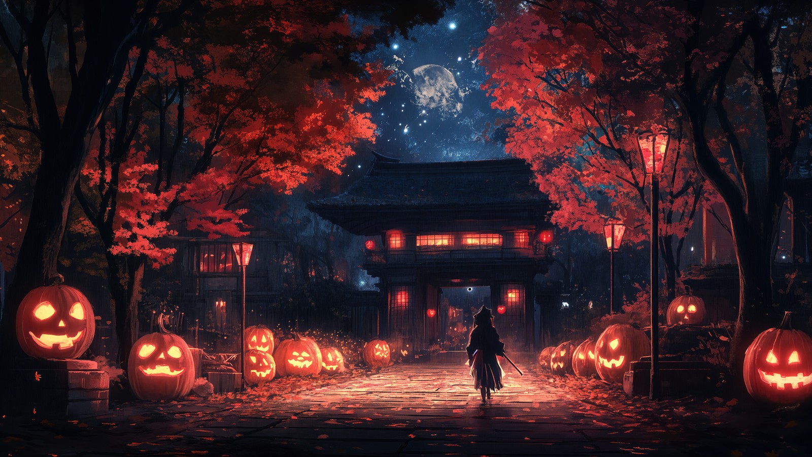 halloween, holiday, night, street, pumpkin head wallpaper