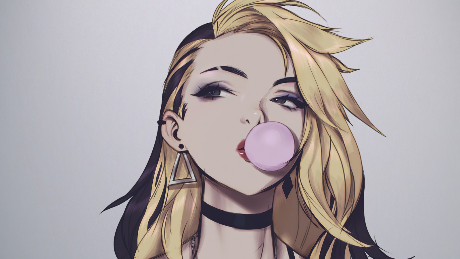 Une fille de l'anime éclatant une bulle avec une bulle rose dans la bouche (kda, akali, lol, league of legends, jeu vidéo)