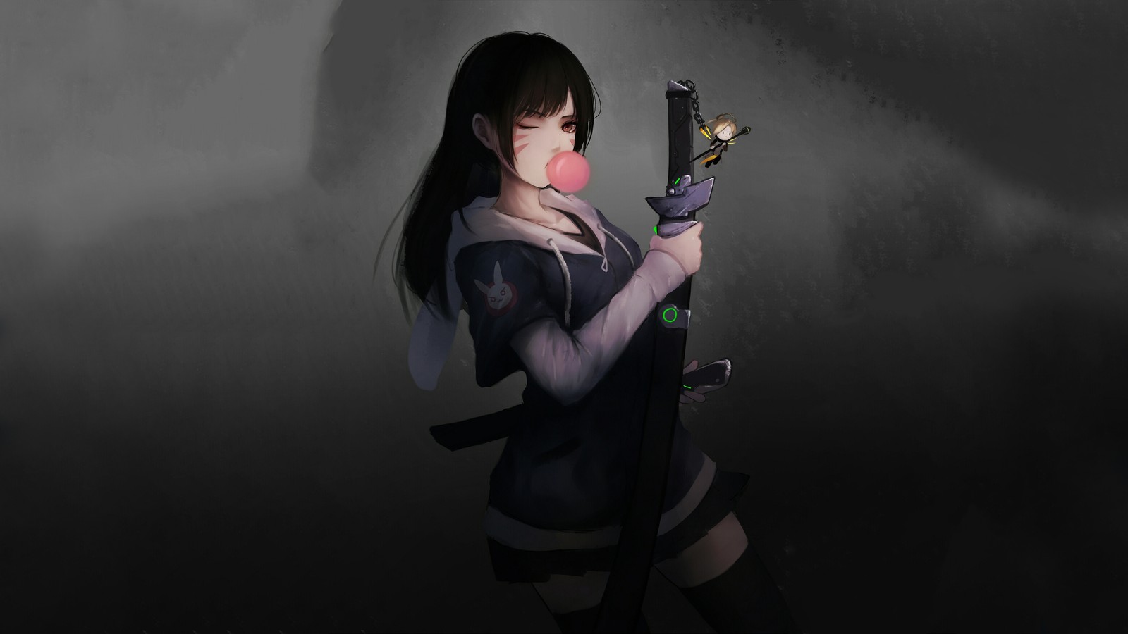 A woman in a black outfit holding a gun in her hand (samurai, dva, katana, overwatch, video game)